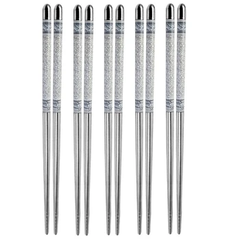 

5 Pairs of Blue and White Porcelain Pattern Stainless Steel Non-slip Chinese Chopsticks Tableware Set