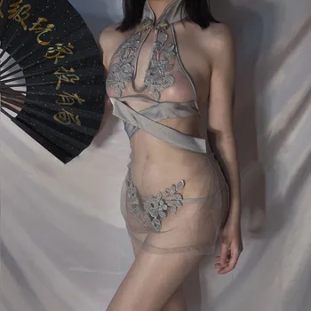 

Jacquard Mesh Sexy Chinese Hollow Out Embroidery Split Dresses Qipao Traditional Cheongsam Lingerie Party Nightclub Uniforms