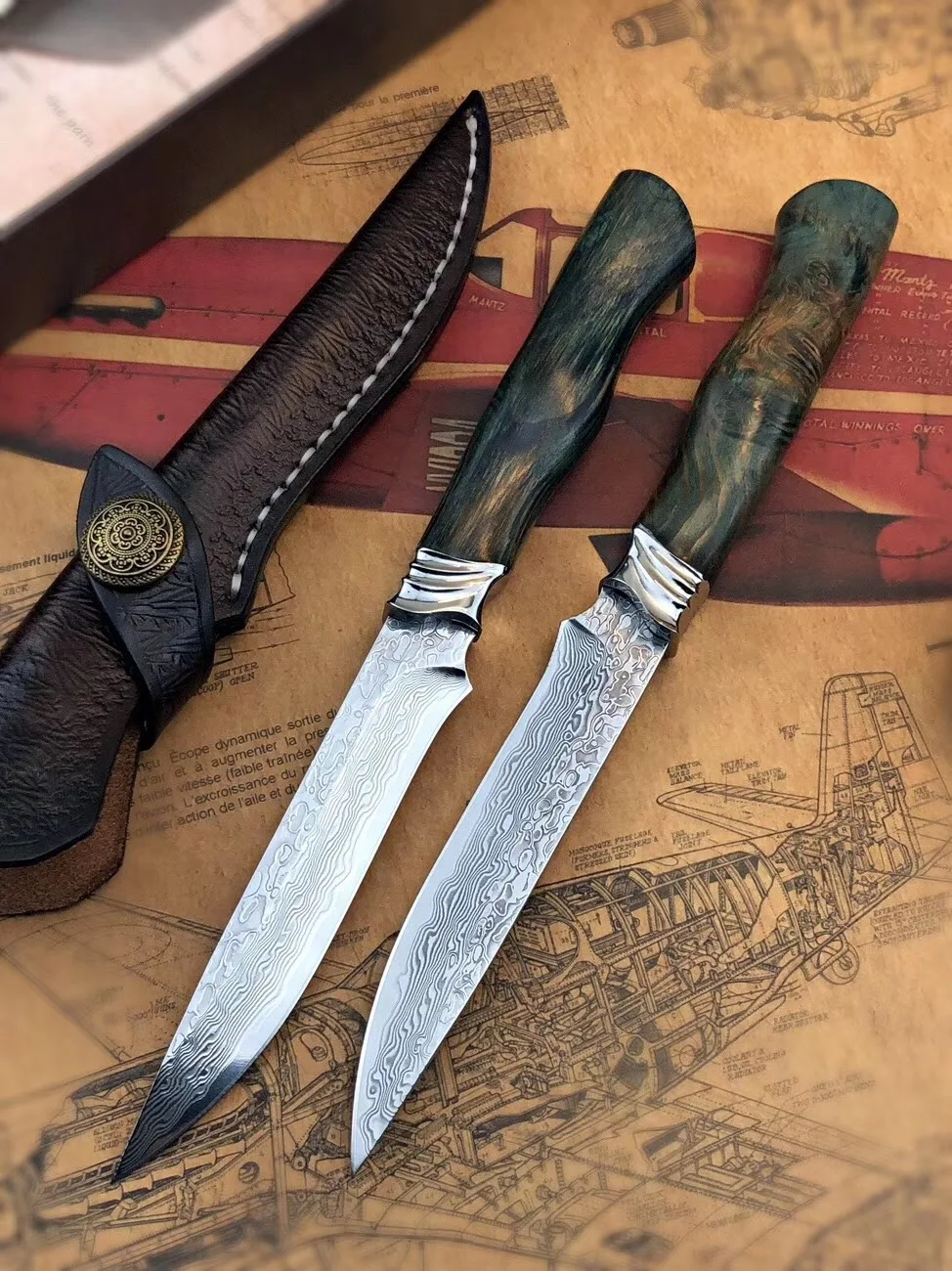 

VG10 Damascus steel round wooden handle outdoor hunting knife high hardness forging straight blade li gifts knives wholesale