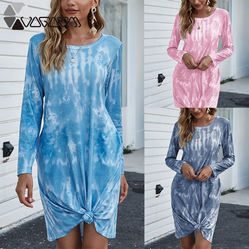 

Tie-dye Loose Women Dress Autumn Winter Fashion Gradient Long Sleeve O Neck Pocket Midi Dress Streetwear Female Vestidos Robes