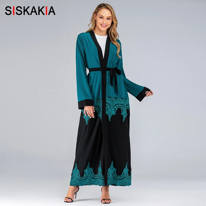 Siskakia мусульманские женщины Абая мода кружева лоскутное арабское кимоно фиолетовый черный контрастный цвет открытый Абая s Дубай, Турция одежда