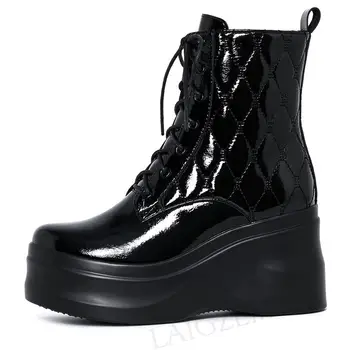 

LAIGZEM Women Ankle Boots Thick Bottom Height Increasing Side Zip Heels Booties Waterproof Ladies Shoes Woman Botas Size 38 39