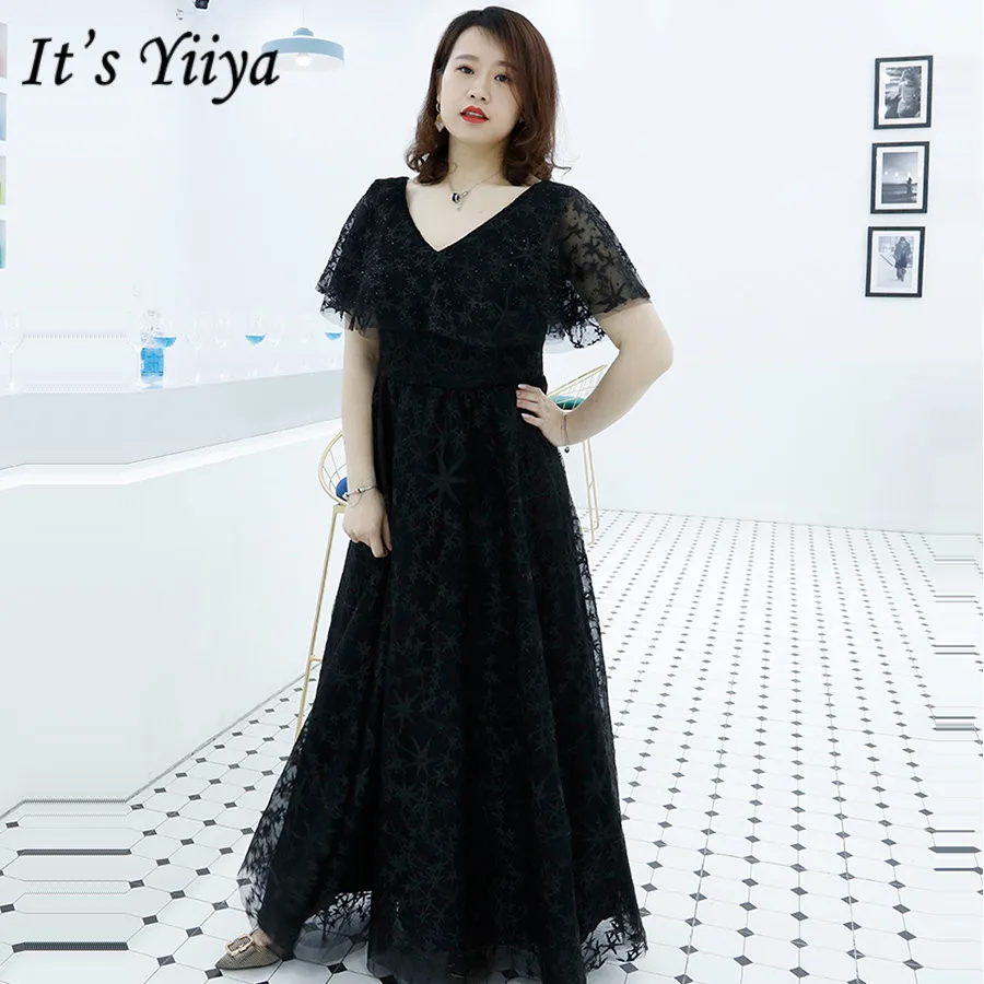 

It's Yiiya Evening Gowns Short Sleeve V-Neck Plus Size Robe De Soiree DX038 Floor-Length Solid Lace Up Women Party Dresses