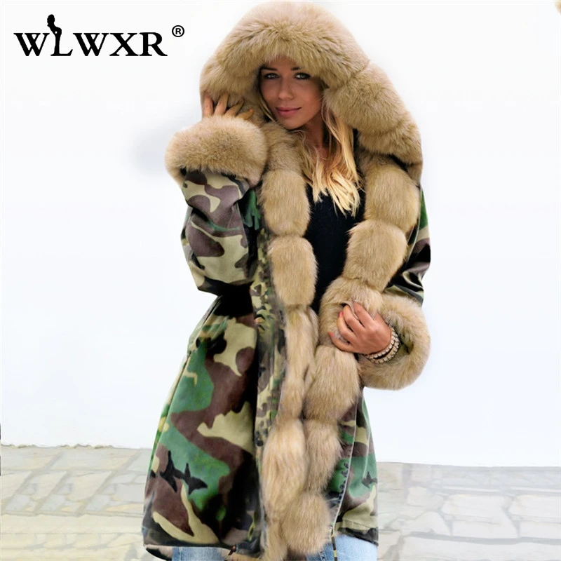 WLWXR камуфляжное длинное пальто из искусственного меха женские куртки военная зимняя шуба женская плюс размер с капюшоном Длинная меховая Парка женская верхняя одежда