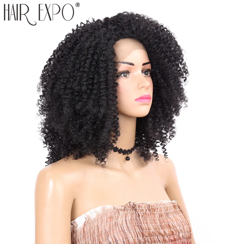 14 дюймов короткие волосы кудрявый синтетический парик фронта шнурка тяжелой плотности афро парики шнурка для черных или белых женщин волос Экспо город