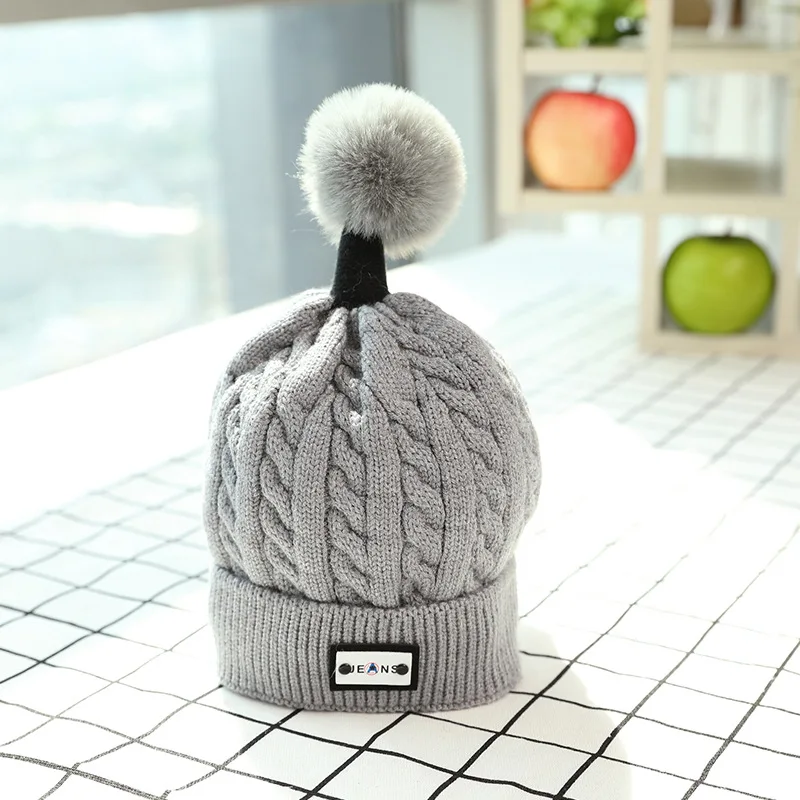 Winter Hats For Kids Pompom Fur Knitted Beanie Cap Baby Children Fur Pom Pom Hat Girls Warm Outdoor Ski Caps Bonnet