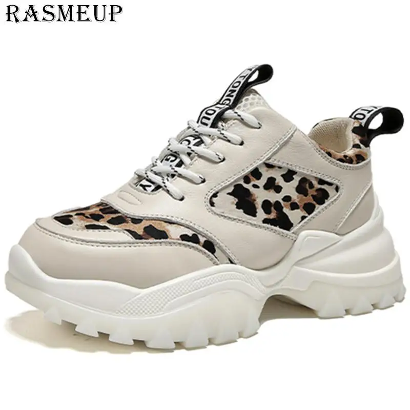 RASMEUP женские кроссовки из натуральной кожи на платформе; коллекция года; модная Брендовая женская обувь на массивном каблуке с леопардовым принтом; повседневные женские кроссовки - Цвет: Бежевый