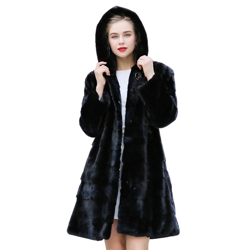 Женская норковая шуба с капюшоном зимнее меховое пальто размера плюс 4XL длина 90
