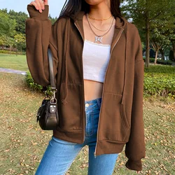 Brown zip up moletom jaqueta de inverno roupas oversize hoodies feminino plus size vintage bolsos manga comprida pullovers