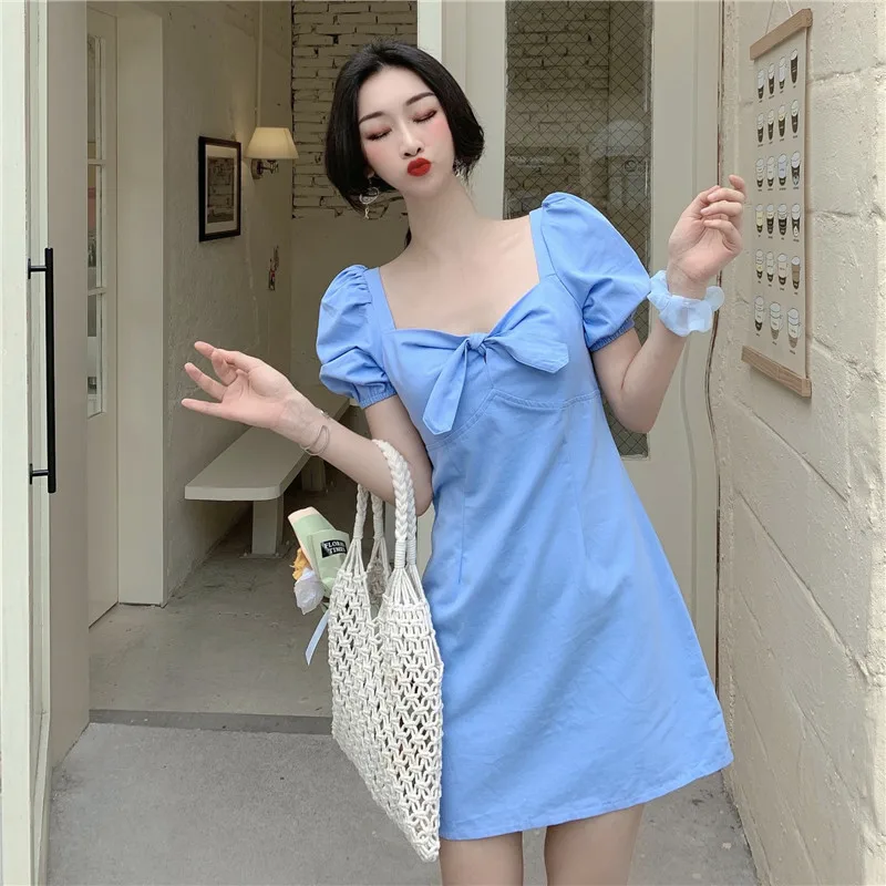 Japanese Korean Style Sweet Palace Women Dresses 2020 Summer Office Bow Square Collar Puff Sleeve Thin Slim Ruffles Ladies Dress | Женская
