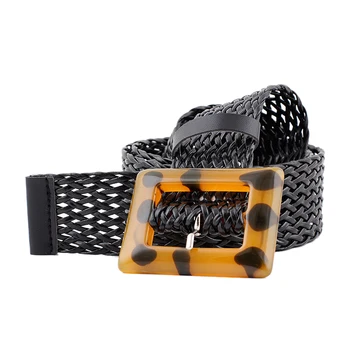 

Waist Belts Pants Pingskin Fashion Square Buckle Wide Waistband Women Casual Weave Belt Strap Black