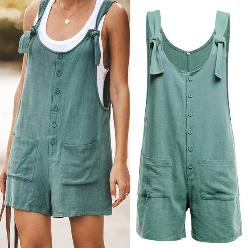 Women Rompers Summer Casual Loose Sleeveless Jumpsuit Solid Button Pocket Suspenders Bib Short Pants Wide Leg Playsuits Overalls |