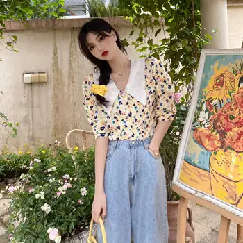 

COIGARSAM 4XL Plus Size Vintage Floral Print Shirt Womens tops Summer Short Sleeve Loose Women shirts 2051