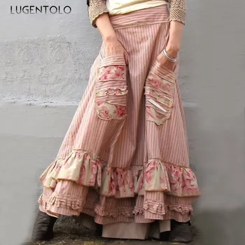 

Lugentolo Long Skirt Women Plus Size Aumumn New Fashion Big Swing Stitching Printing High Waist Casual A-Line Skirts Womens