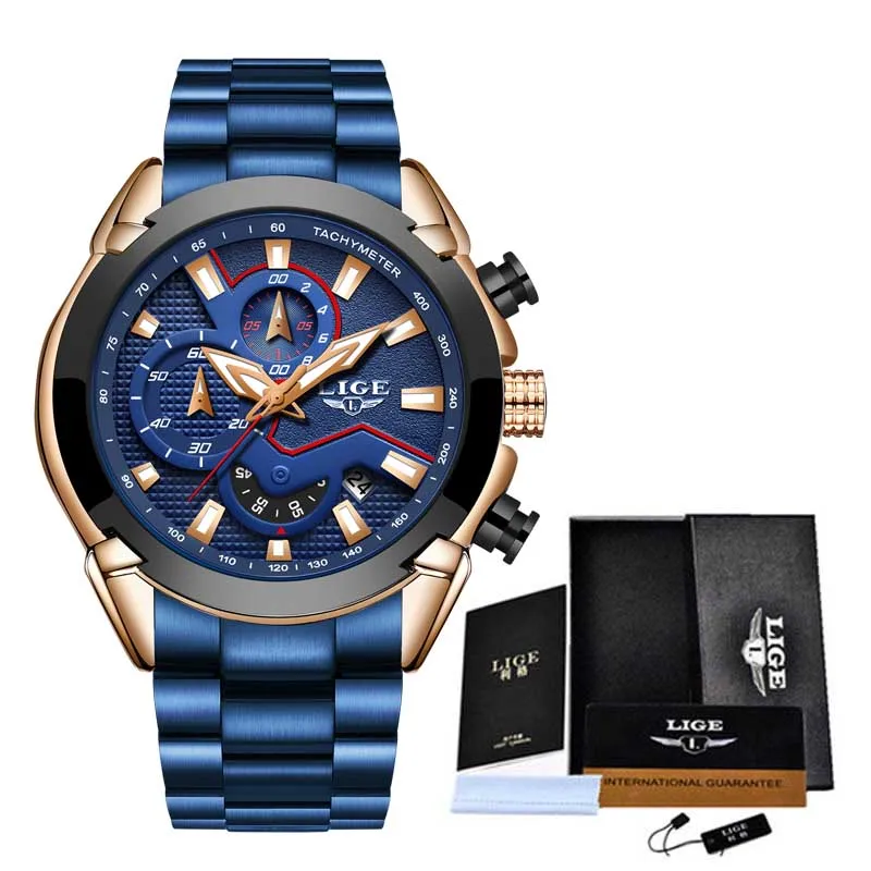 LIGE модные синие часы мужские Роскошные Кварцевые наручные часы из нержавеющей стали водонепроницаемые спортивные часы с хронографом мужские часы Relojes - Цвет: Black rose blue
