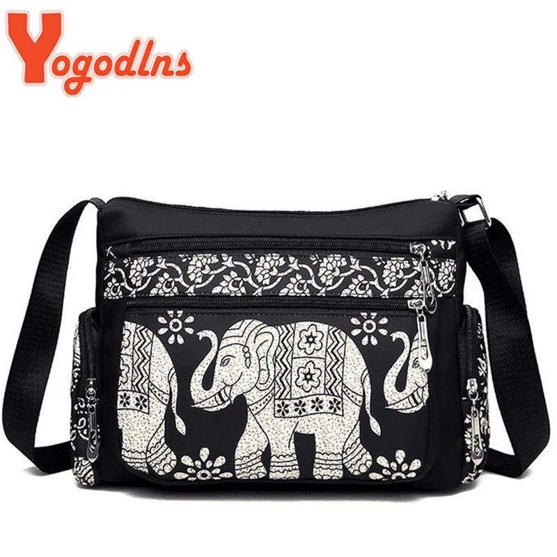 

Yogodlns High Quatily Nylon Canvas Shoulder Bag For Women Clutch Handbag Small Traditional Elephant print Messenger Bag Ladies