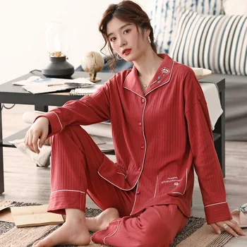

Pajamas nv chun/Autumn New Cotton Cardigan Turndown Collar Red Minimalist Home Service), Two Piece Set