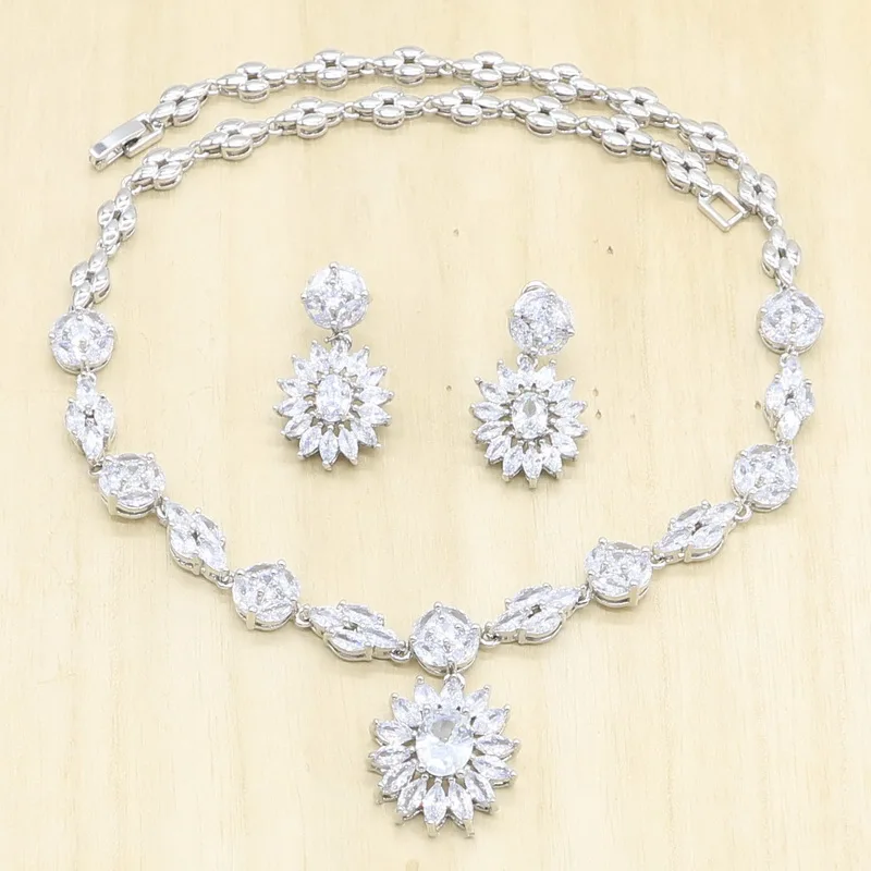 Wedding Silver Jewelry Sets For Women White Cubic Zirconia Necklace Earrings Gift Box
