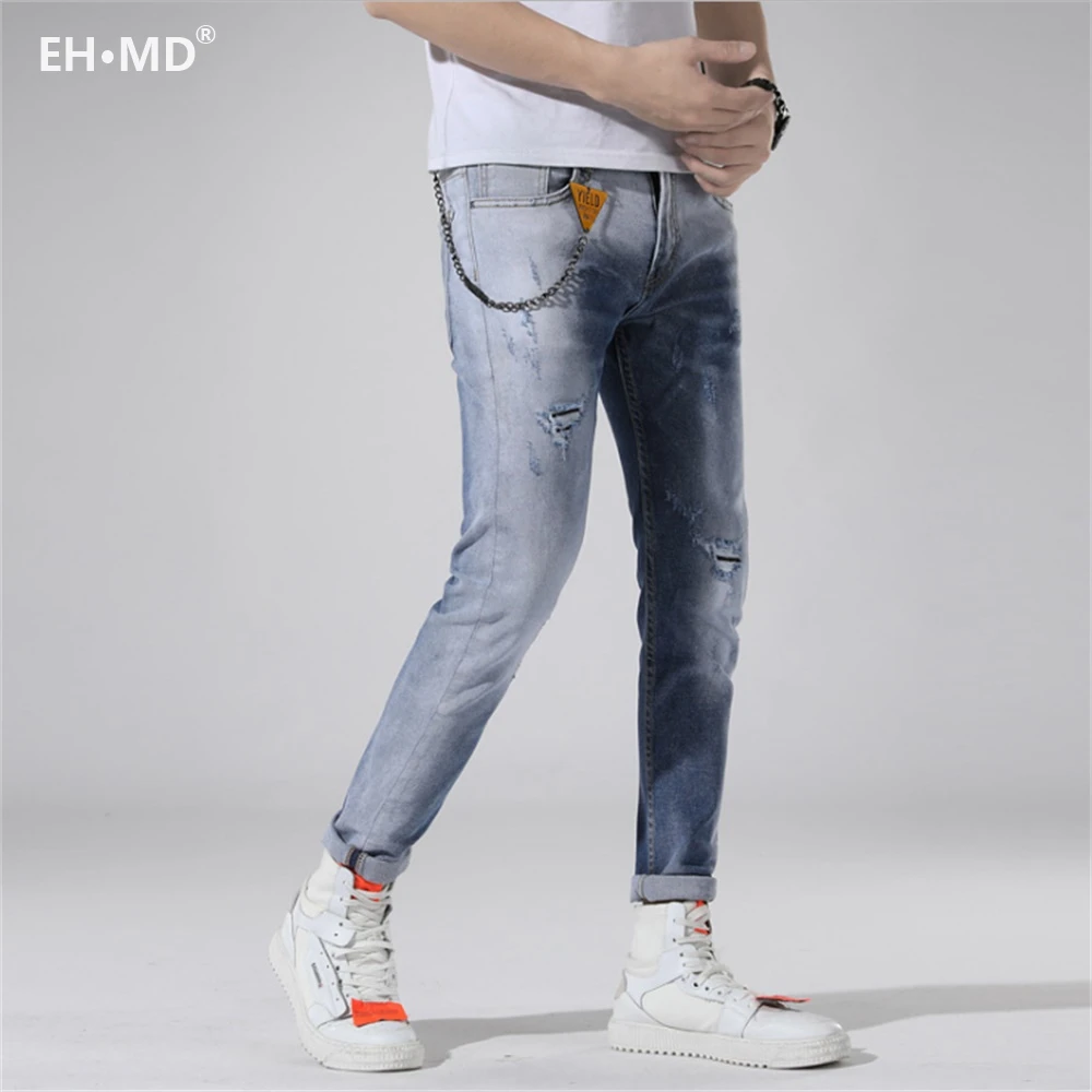 EH · MD® Pearl Pendant Decorated Jeans Men's Embroidered Broken Pants Ink Pants Painted Letters Slim Cotton Red Ears Soft 2021