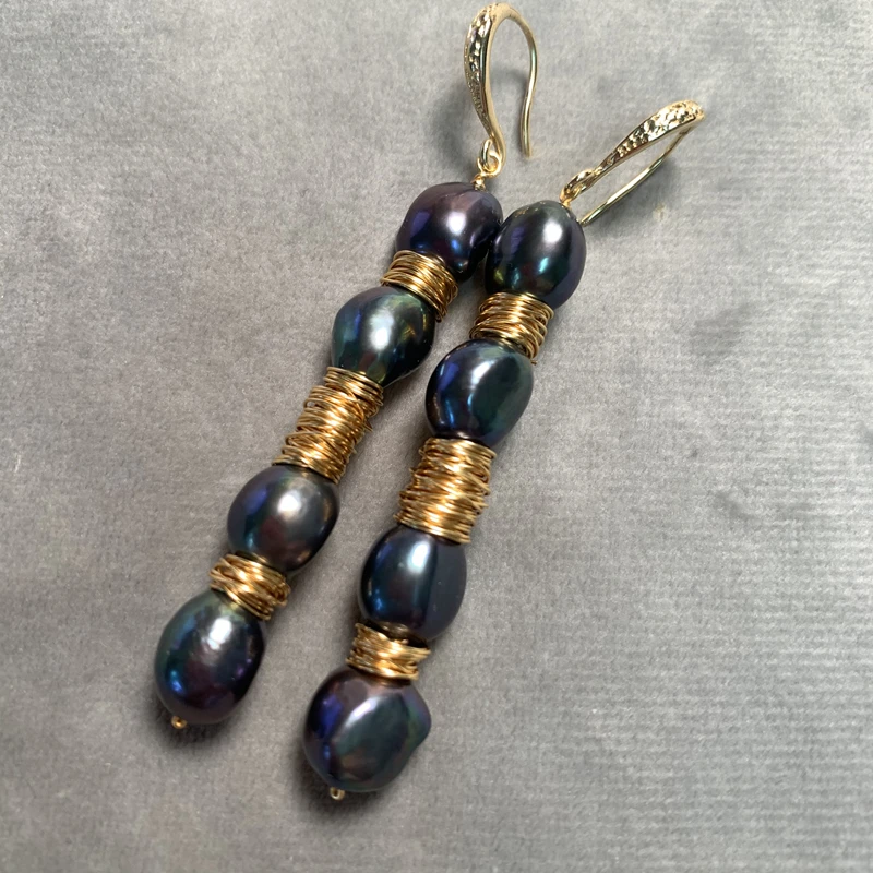 Натуральный черный жемчуг длинные серьги в стиле барокко женские ручная работа.