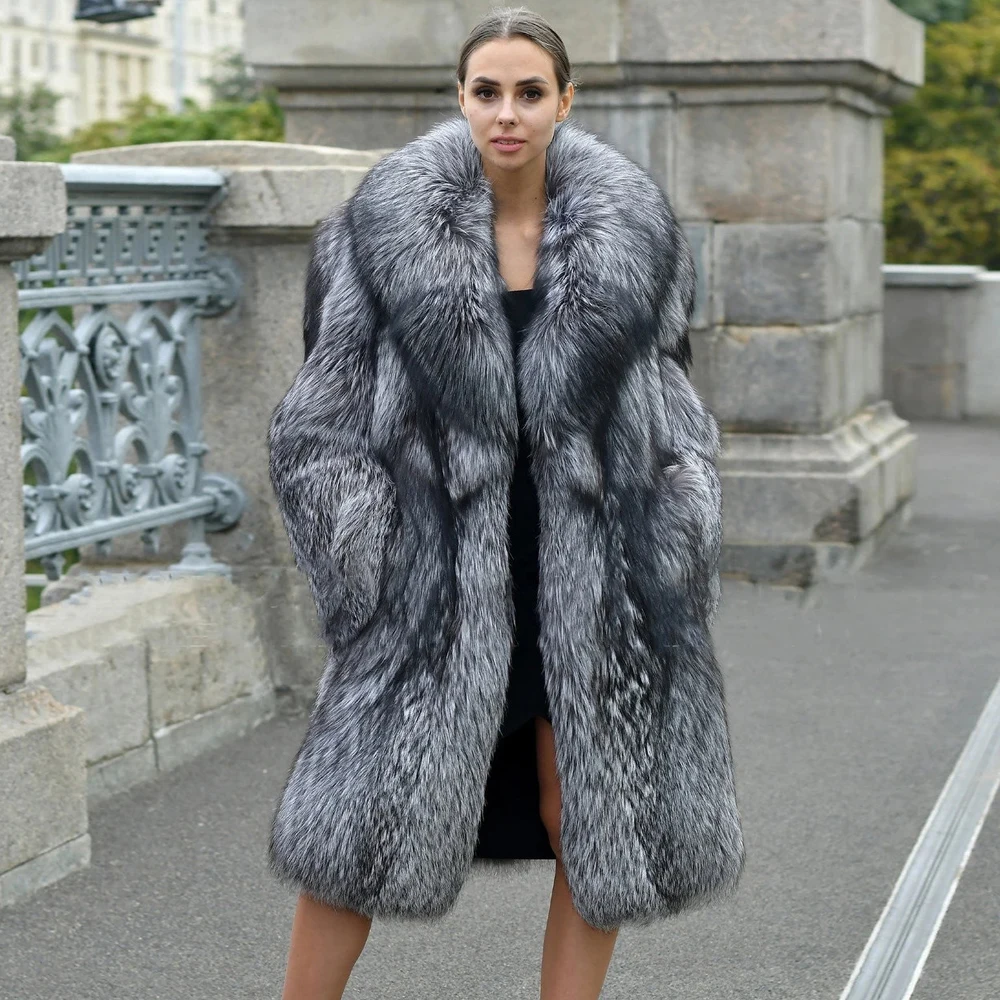 Длинное пальто из натурального Меха чернобурки с большим отложным воротником, Женское зимнее толстое теплое меховое пальто, роскошные женские пальто из натурального Лисьего меха