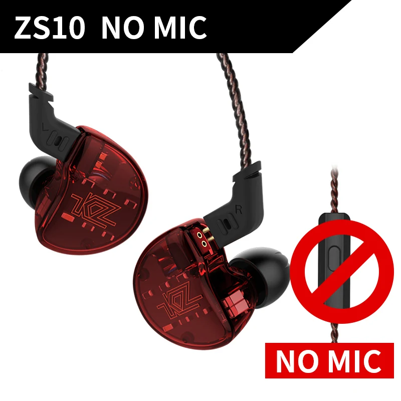 Redwithout mic KZ ZS10 наушники 10 драйвер в наушнике 4BA+ 1DD динамические арматурные наушники HiFi бас гарнитура шумоподавление наушники гибридные - Цвет: Redwithout mic