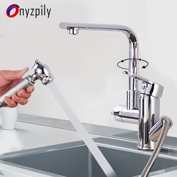 

Onyzpily Chrome Kitchen Faucet Pull Out Sprayer 360 Rotation Single Handle Mixer Tap Sink Crane Hot and Cold water Sink Faucet