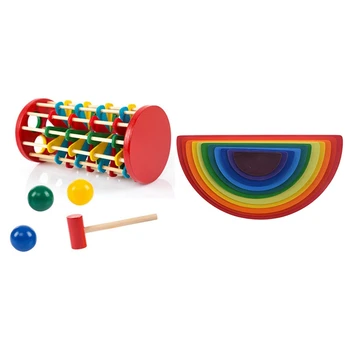 

1 Set Semicircle Rainbow Blocks Wooden Toys & 1 Set Wooden Toys Batting Ladder Hand Knock the Ball Colorful Toys