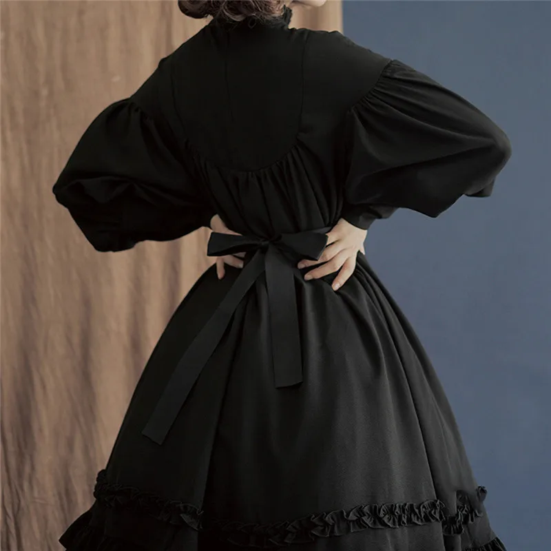 Кружевное платье с бантом для женщин, черное, свободное, водолазка, рукав-фонарик, готическое, сексуальное, длина до колена, платья, новая мода, сексуальное, милое, женское платье