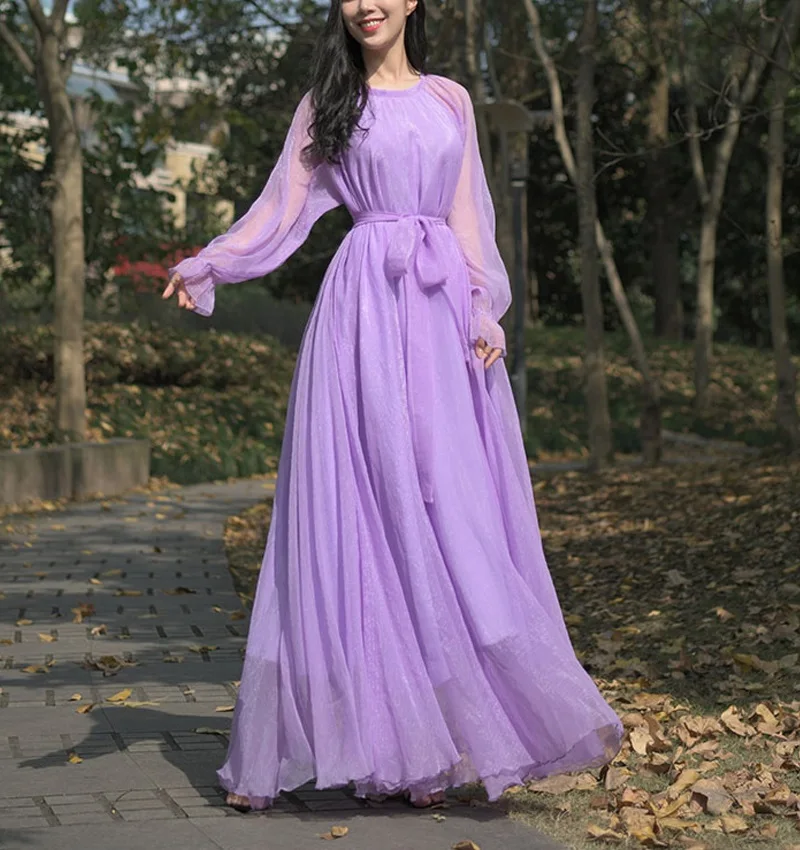 Women's Long Sleeve Chiffon Maxi Dress With Belt | Loose Fit Crew Neck Long Dress - Wine & Lavender - View #11