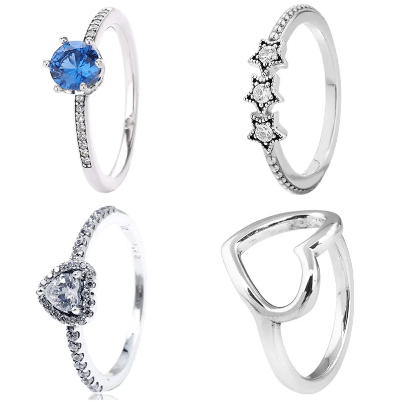 

Blue Sparkling Crown Elevated Polished Heart Star Ring With Crystal 925 Sterling Silver Ring For Women Birthday Gift DIY Jewelry