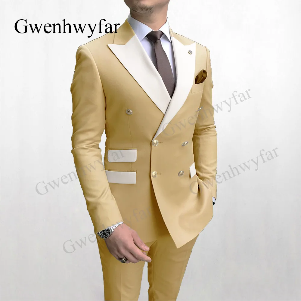 Gwenhwyfar Solid Navy Men Party Tuxedos Suits 2 Pieces Latest Mix Color White Lapel Men Suits Gold Buttons Fashion Style