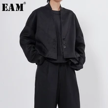 [EAM] свободное черное Короткое шерстяное пальто большого размера, парка с воротником-стойкой, новинка, длинный рукав, женская мода, Осень-зима, 1K306