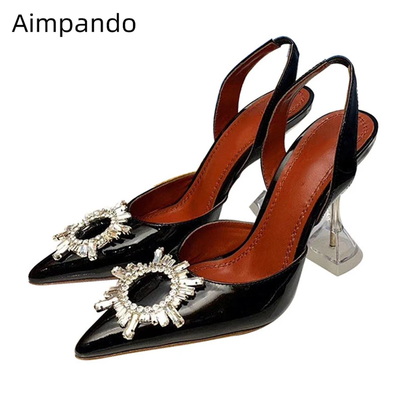 

Designer New 2020 Sunflower Buckle Sandals Women Clear Goblet Heel Black Patent Leather Back Strap Summer Shoes Woman