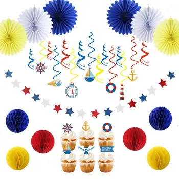

15pcs Navy Theme Kids Birthday Party Decoration Hanging Star Garland/Swirl Cake Topper Paper Fans for Baby Shower Party Supplies