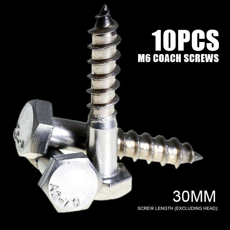 10pcs M6x30mm Stainless Steel Coach Screws Hexagon Head Wood Screw Hex Lag Bolts Hardware Holder Tool Accessories | Обустройство дома