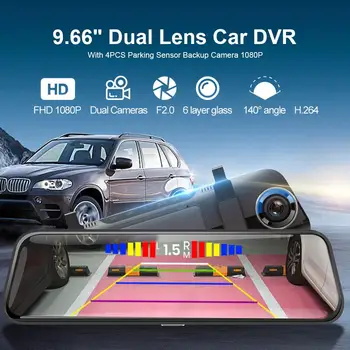 

9.66 Inch Backup Camera 1080P Mirror Dash Camera Dual Lens Car Streaming Mirror DVR 4PCS Parking Sensor Perfect Auto Accessory