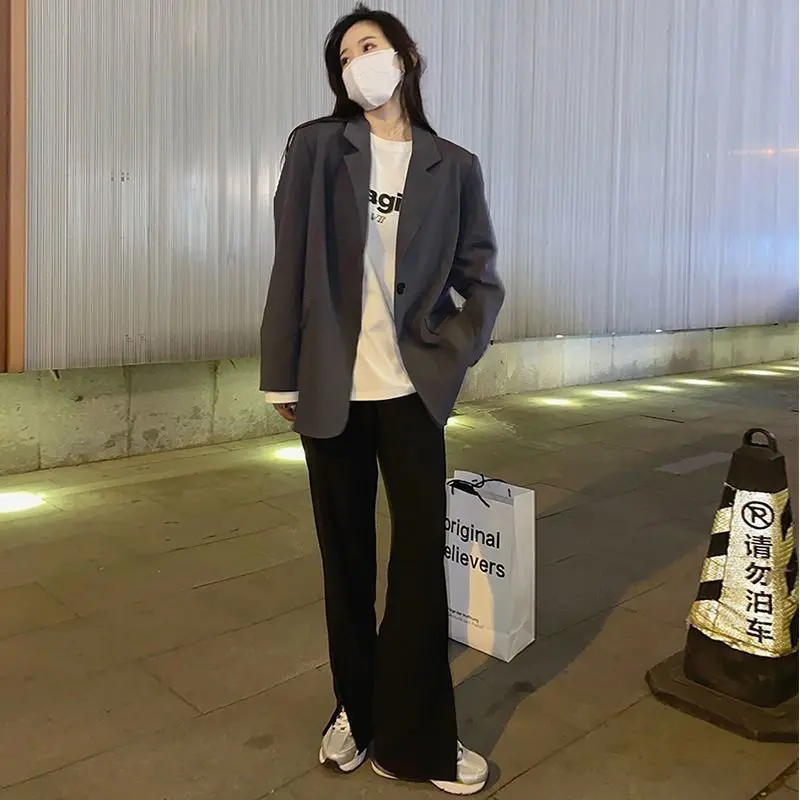Blazers Women Loose Single-button Outwear Gray Simple Pure Female Office Lady Streetwear Soft All-match Notched Tender Ins Y2K