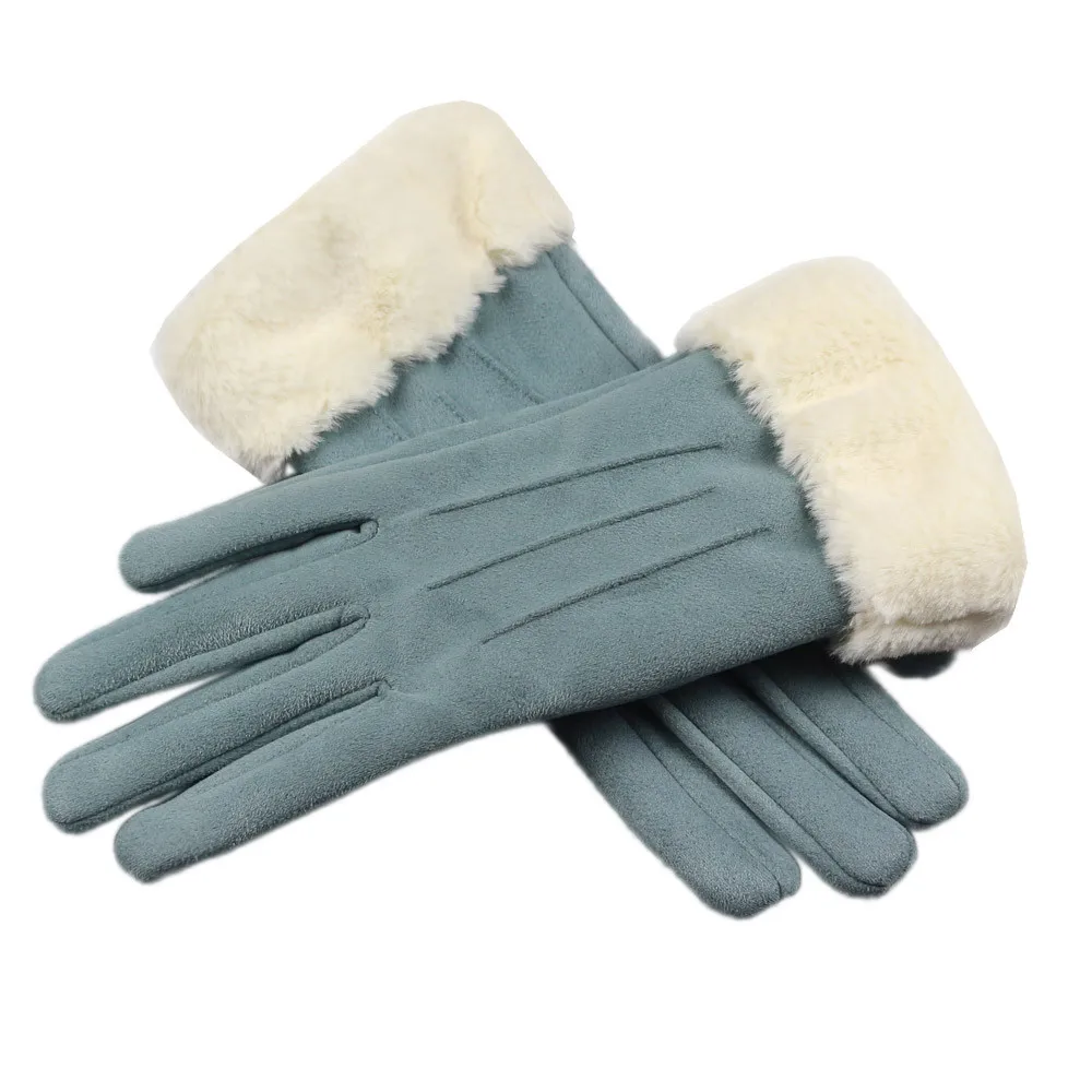 Перчатки из искусственного меха, бархатные зимние женские теплые перчатки, одноцветные перчатки на весь палец, женские перчатки, элегантная женская одежда для улицы - Цвет: Blue