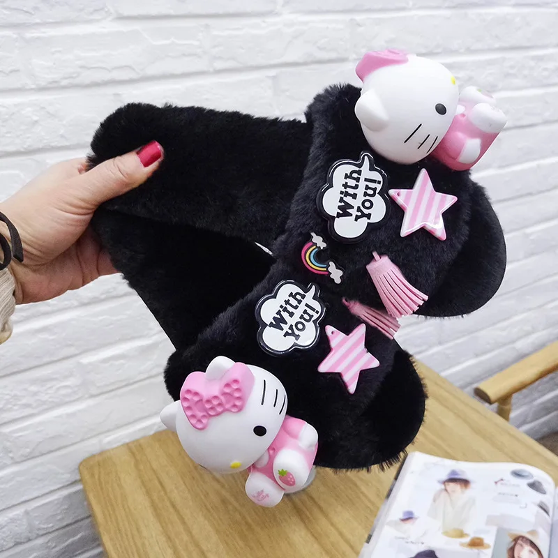 Winter Home Slippers Women Fur Plush Sandals Hello Kitty Woman Indoor Slippers House Shoes Socofy Platform Shoes Potato Slippers