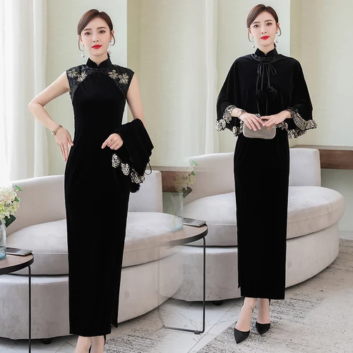 Осень Зима женский модифицированный Cheongsam из двух частей китайский стиль расшитый блестками плащ рукава Банкетный элегантный плащ стильный дизайн тонкий