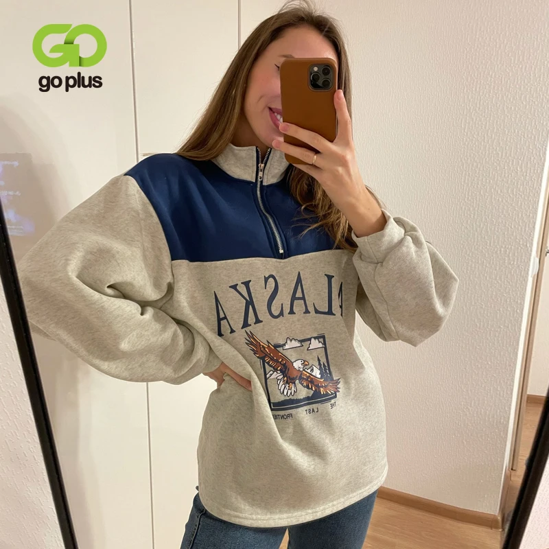 GOPLUS-Sudadera con Capucha con cuello para mujer, sudadera con capucha y cremallera media, sudaderas de manga larga con estampado de letras, sudadera informal Vintage de talla grande