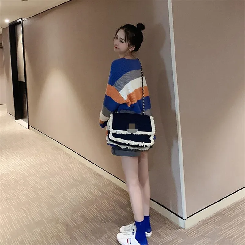 

Rainbow striped Women Sweaters 2019 V-neck Long-sleeved Loose Tops Chic Knitted Jumper Oversized Sweater Crocheted Pullovers