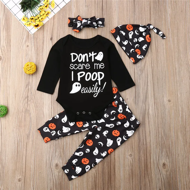 

4pcs Halloween Baby Girls Clothes Set Devil Demon Print Bodysuit Baby Rompers Long Pants Hat Hairband Newborn Set Baby Girls Set