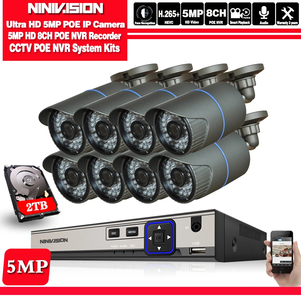 

2592*1944P 5MP POE Security Camera System with 2TB Hard Drive Outdoor/Indoor CCTV Cameras Easy Installation Real Plug & Play