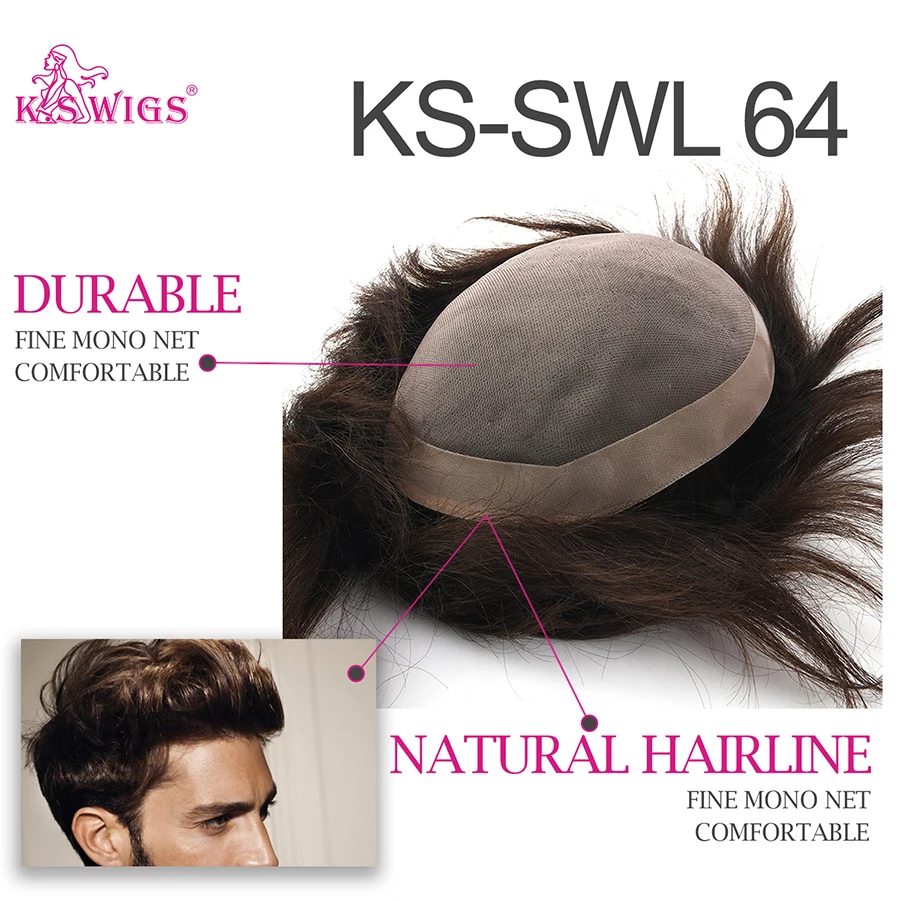 K.S WIGS-Peluca de cabello humano Remy para hombre, tupé fino, Mono red PU de aspecto Natural, peluquín duradero, sistema de reemplazo
