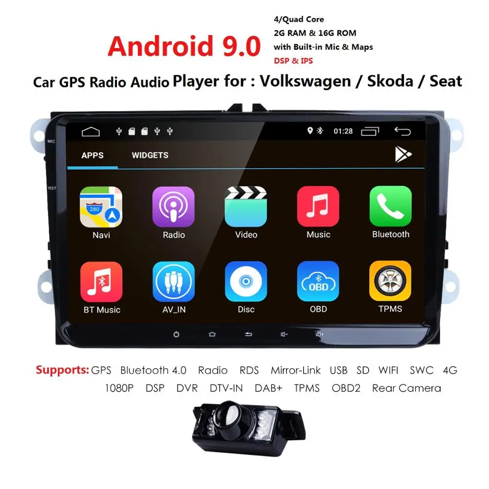 2 Din 9 ''большой экран Android 9,0 автомобильный радиоплеер для VW/Volkswagen POLO PASSAT Golf skoda Seat Wifi радио Bluetooth DAB+ Cam+ карта