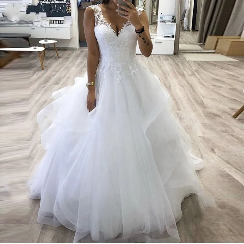 JIERUIZE-New-Wedding-Dresses-V-neck-Appliques-Tulle-Tiered-Skirt-Bridal-Dresses-Lace-Up-Back-Wedding