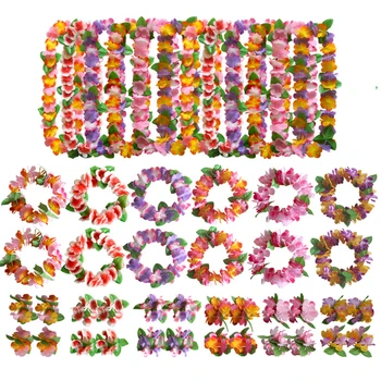

4 pcs/ Set Hawaiian Flower Lei Floral 12 Colors Necklace flower Head Bracelet for hawaiian luau party decorations party favors
