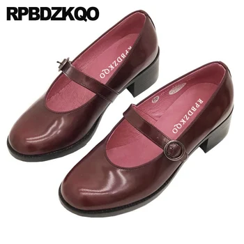 

black handmade genuine leather elegant shoes women mary jane round toe strap size 33 low heels pumps thick 2019 wine red small